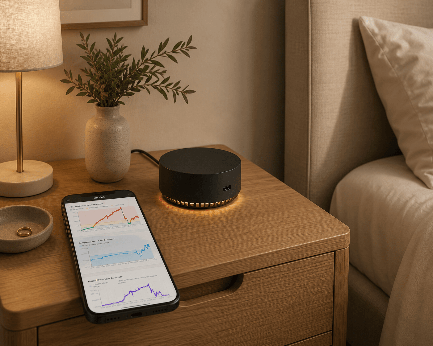 The Dormio app showing air quality, temperature and humidity readings from the night before