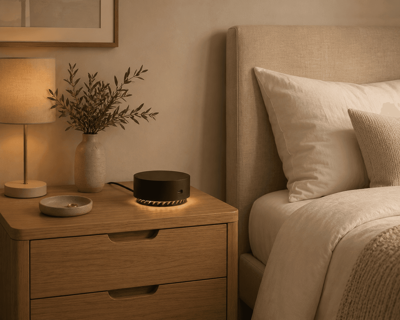 The Dormio sensor glowing softly on a bedside table