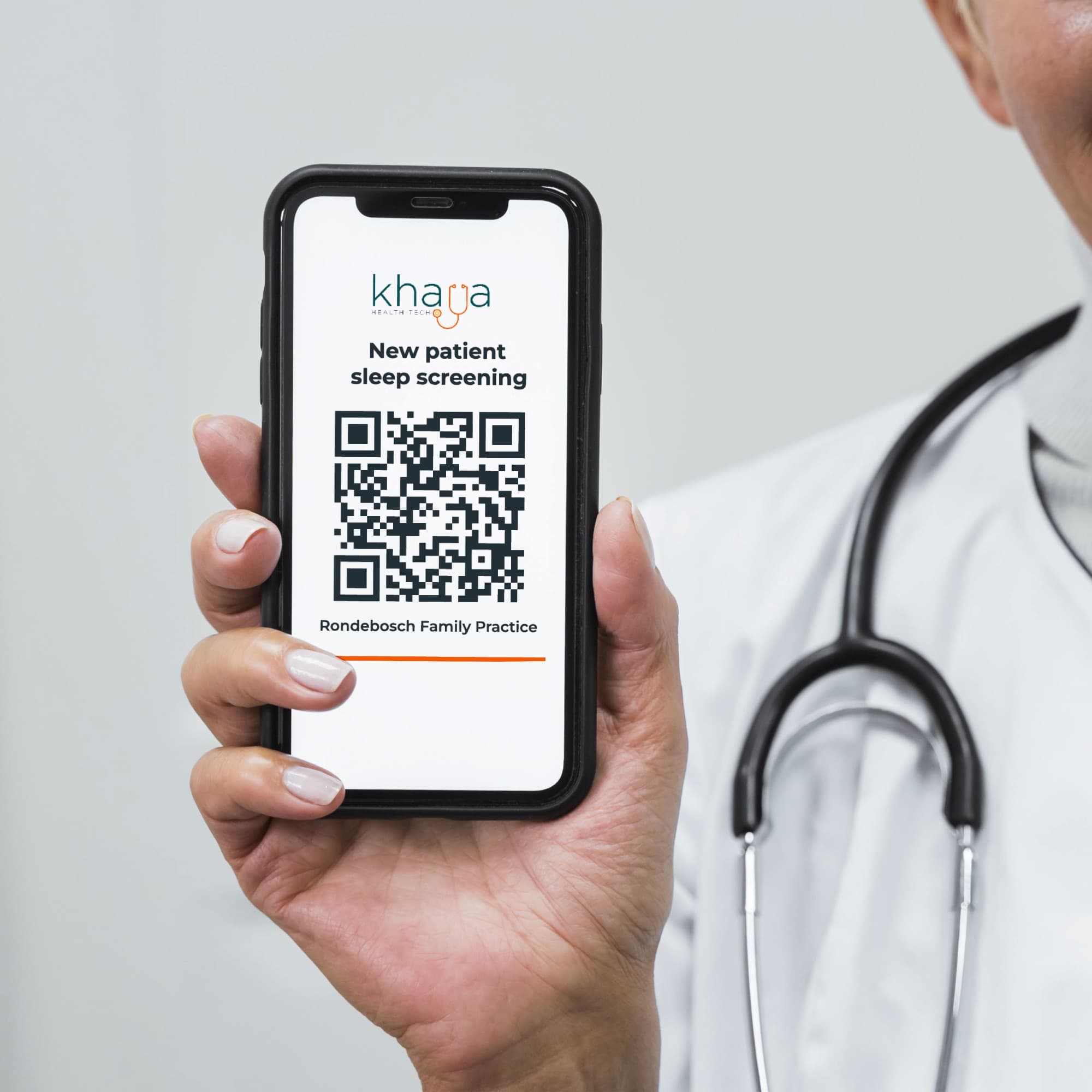 A clinician holding a phone showing the Khaya card for "New patient sleep screening" at Rondebosch Family Practice, with a QR code a patient scans to start their sleep assessment